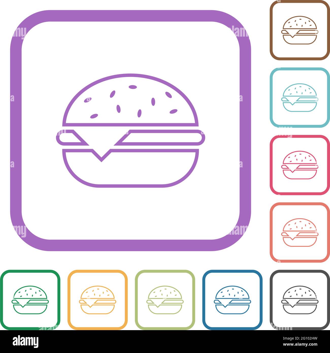 Single cheeseburger simple icons in color rounded square frames on white background Stock Vector