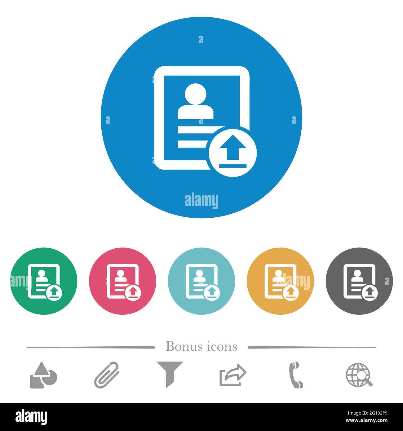 Upload contact flat white icons on round color backgrounds. 6 bonus ...