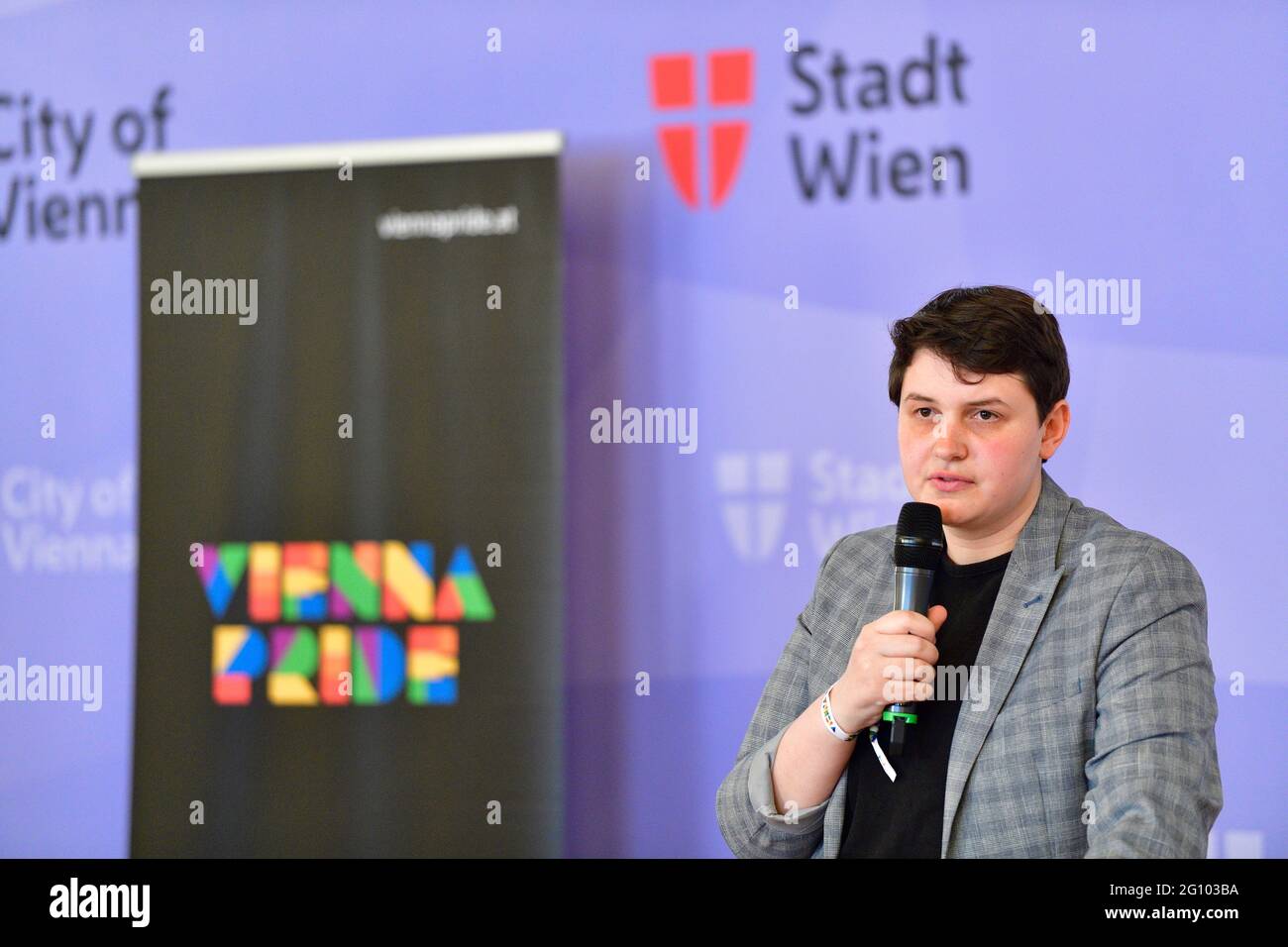 Vienna, Austria.  4th June, 2021. Press conference Vienna Pride. Stay safe, stay proud '- Vienna Pride 7.-20. June, with the 25th Rainbow Parade on June 19, 2021. The picture shows Ann-Sophie Otte, chairwoman of HOSI Vienna. Credit: Franz Perc / Alamy Live News Stock Photo