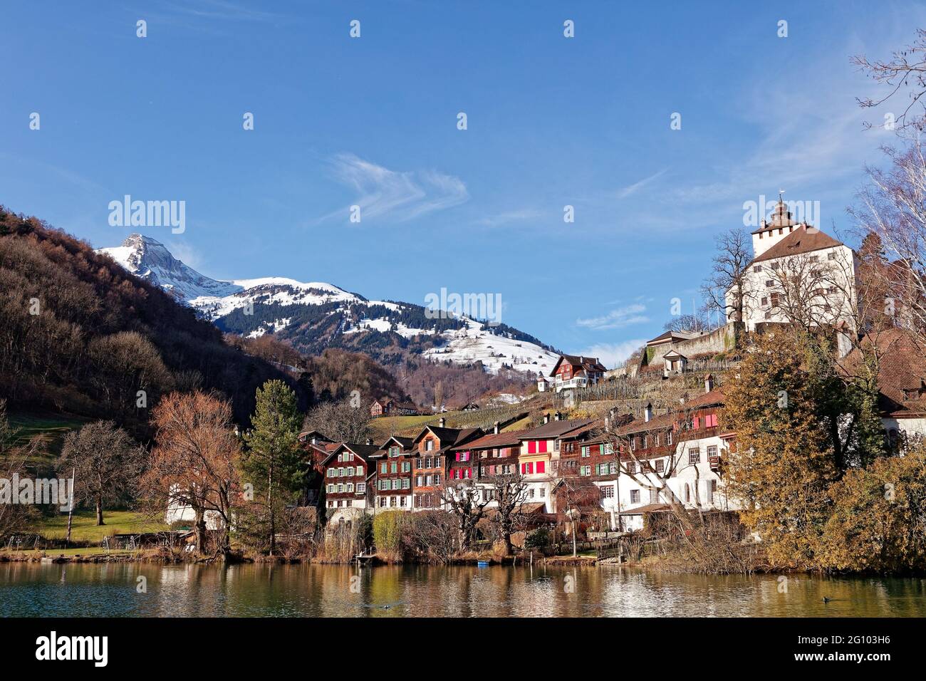 Historical village Werdenberg with castle and lake Stock Photo