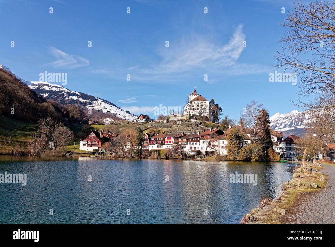 Historical village Werdenberg with castle and lake Stock Photo