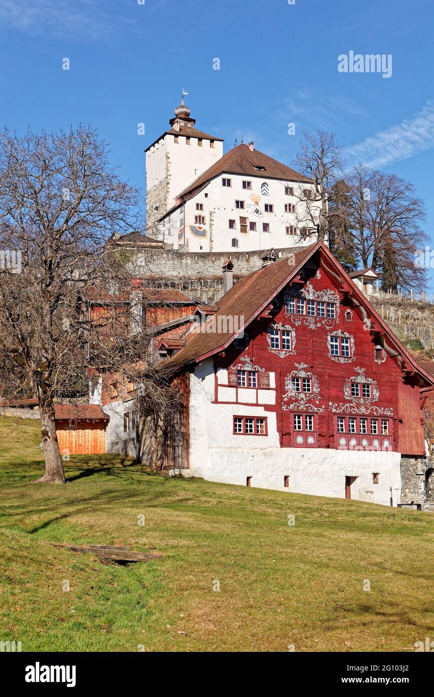 Historical village Werdenberg with castle and Schlangenhaus Stock Photo
