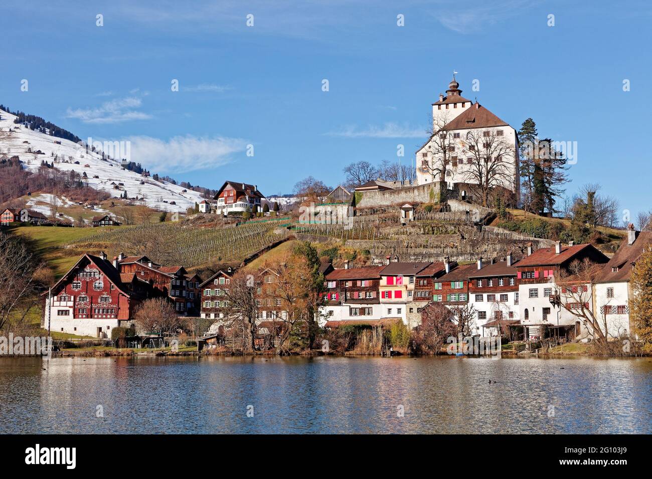 Historical village Werdenberg with castle and lake Stock Photo