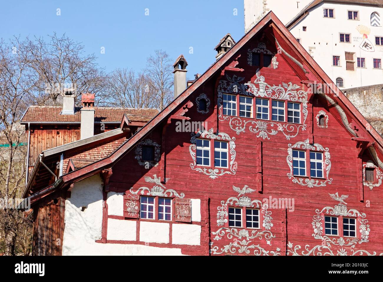 Details of historical village Werdenberg with castle and Schlangenhaus Stock Photo