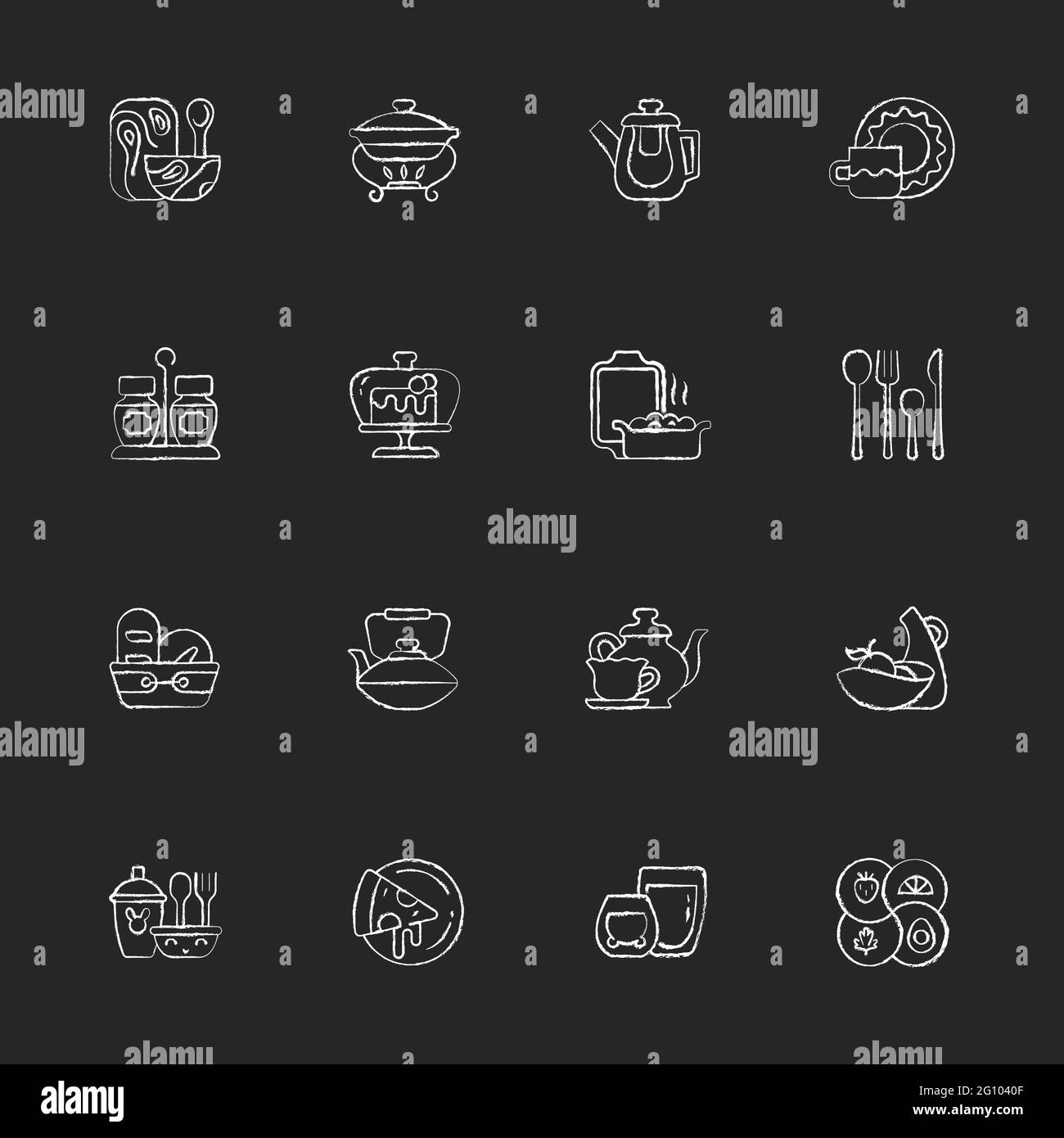 Trendy tableware chalk white icons set on dark background Stock Vector