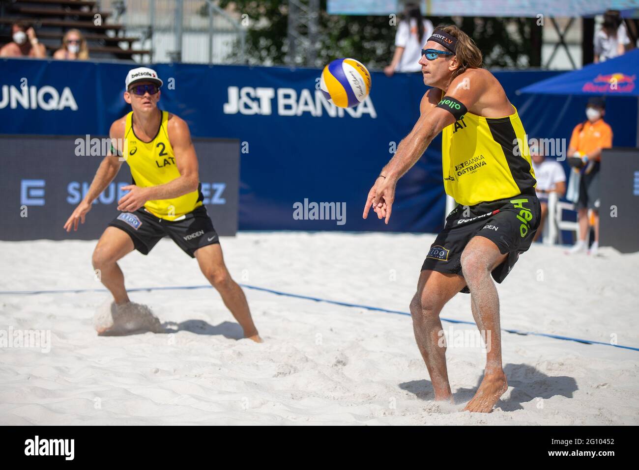 Ostrava, Czech Republic. 04th June, 2021. Janis Smedins, left, and  Aleksandrs Samoilovs of Latvia in action during the Ostrava Beach Open 2021  tournament, part of the Beach Volleyball World Tour match Ondrej