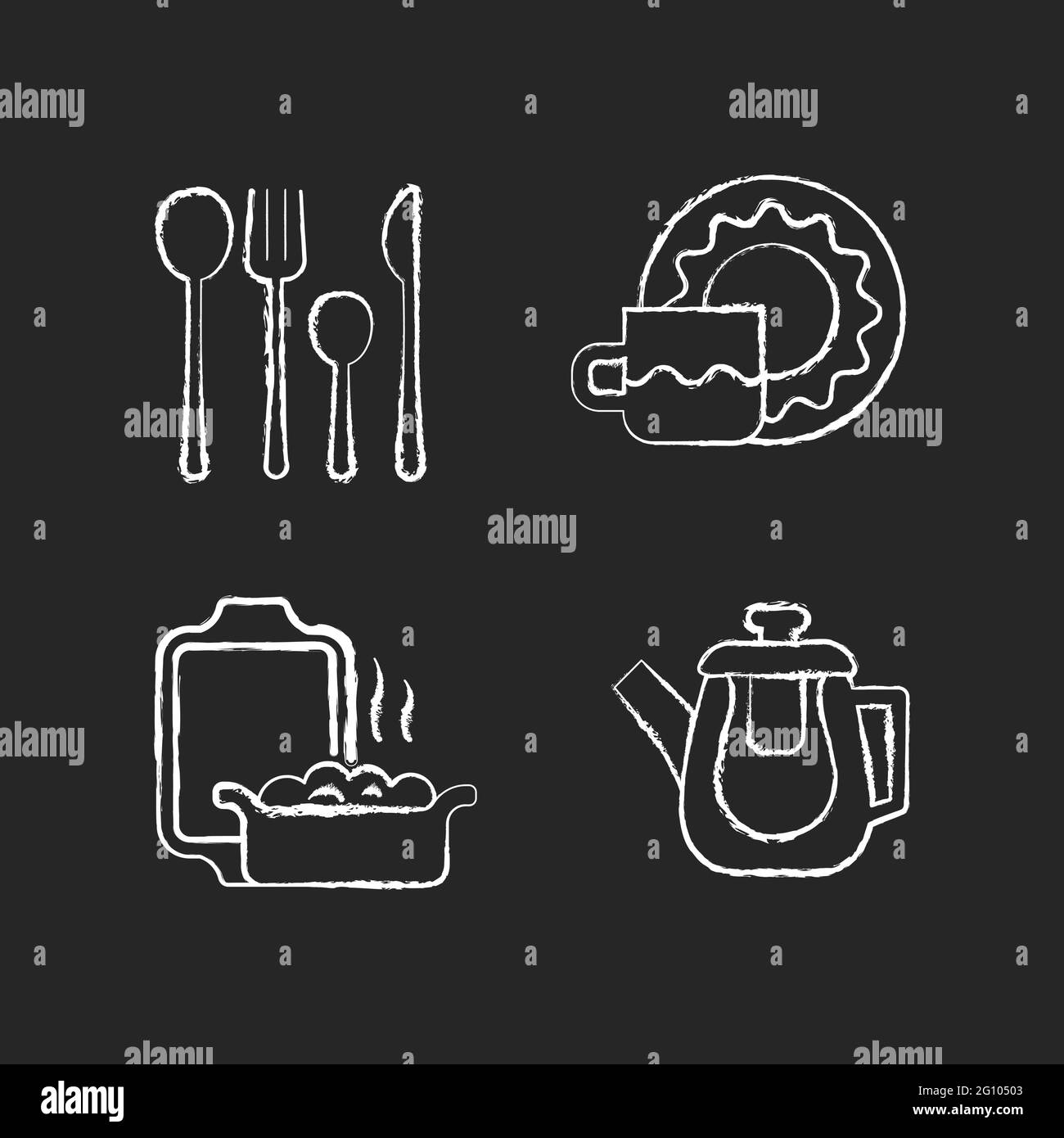 Dinner accessories chalk white icons set on dark background Stock Vector