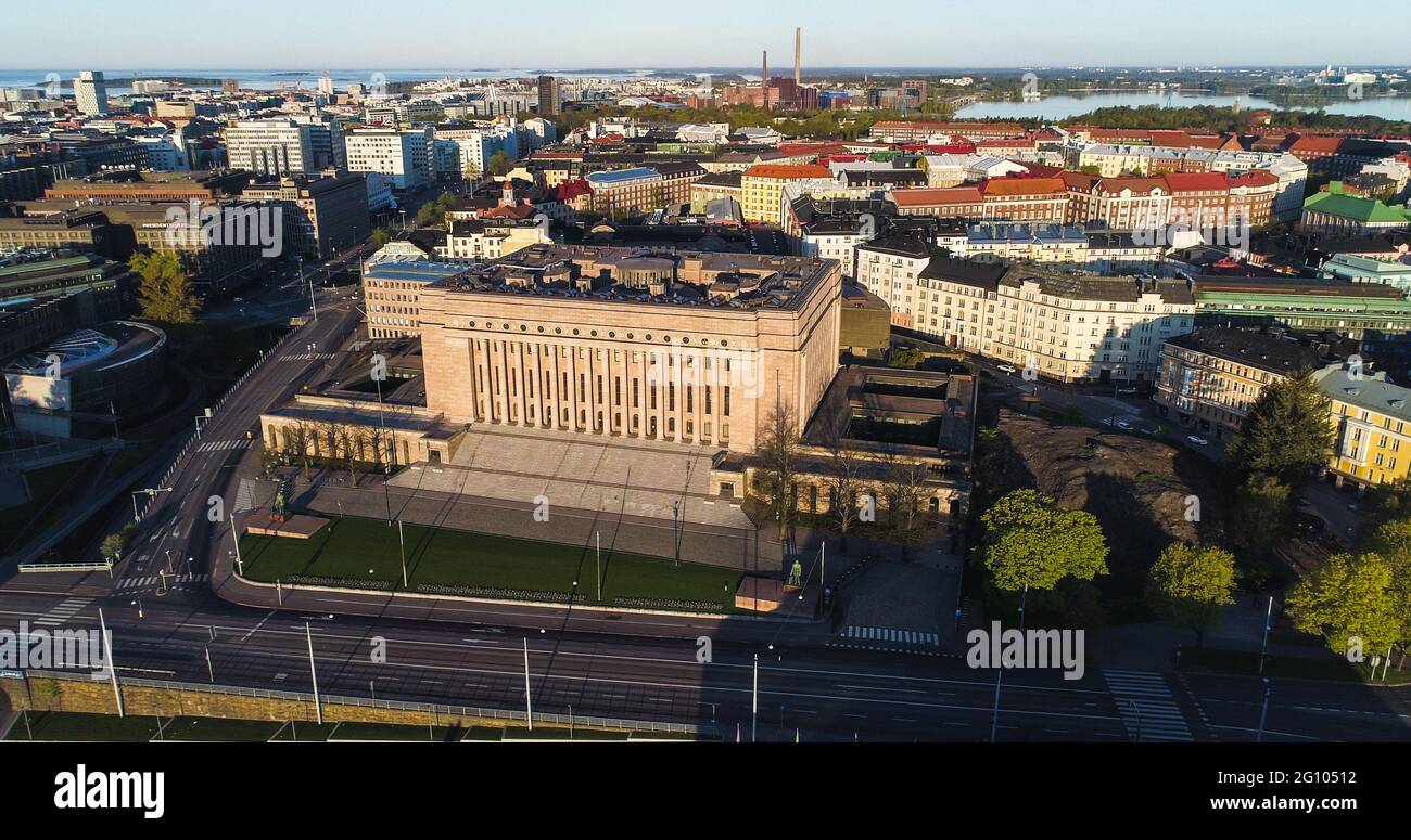 HELSINKI, FINLAND - May 23, 2020: Aerial view of the Parliament house ...