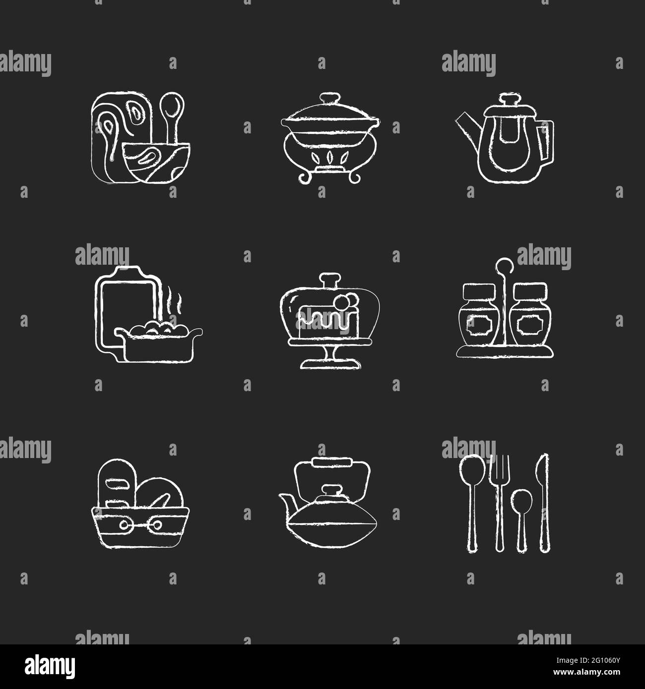 Trendy tableware chalk white icons set on dark background Stock Vector