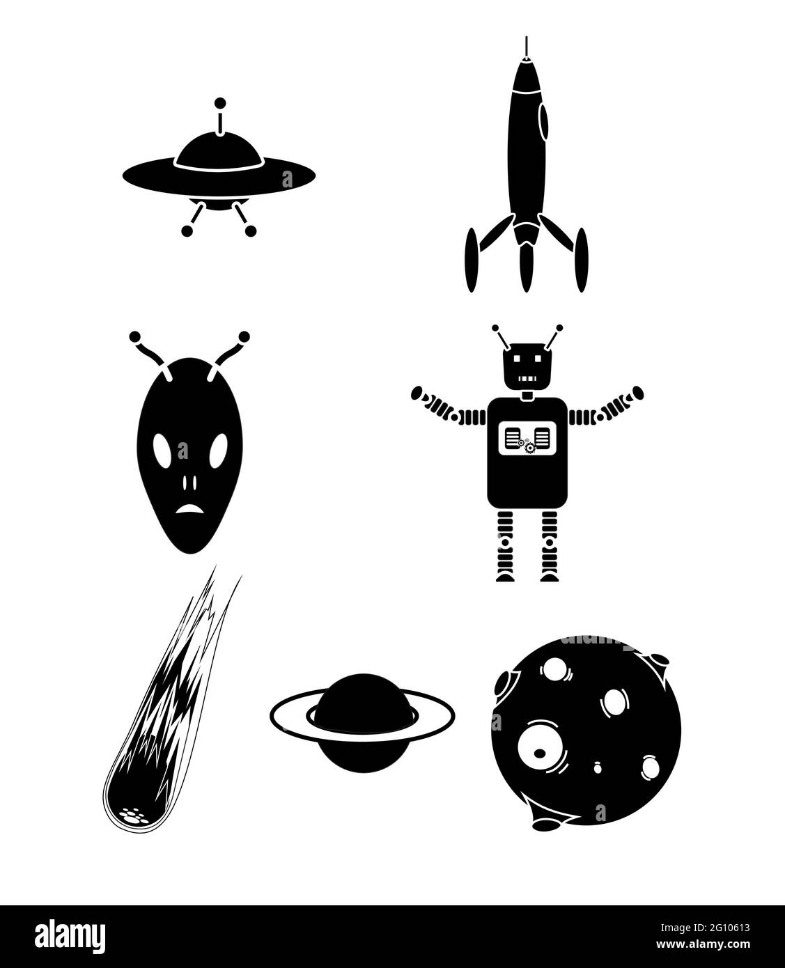 Science fiction figures, an alien, rocket, robot the moon and a meteor Stock Vector