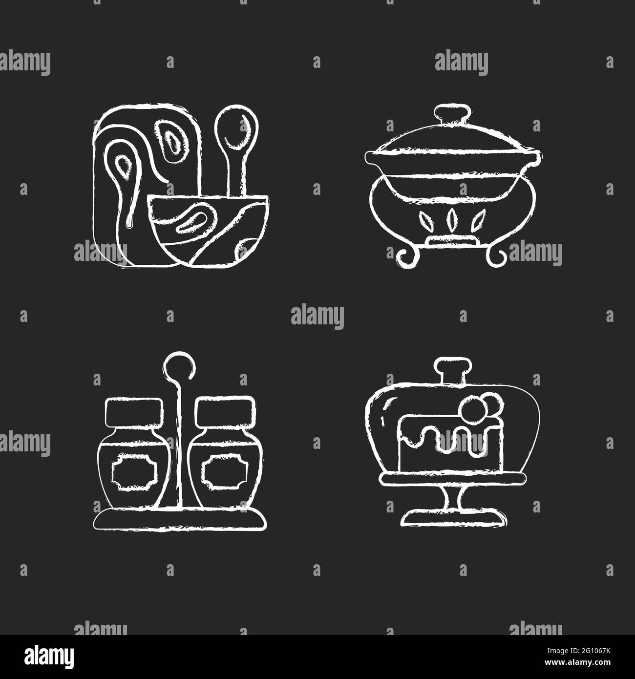 Modern tableware chalk white icons set on dark background Stock Vector