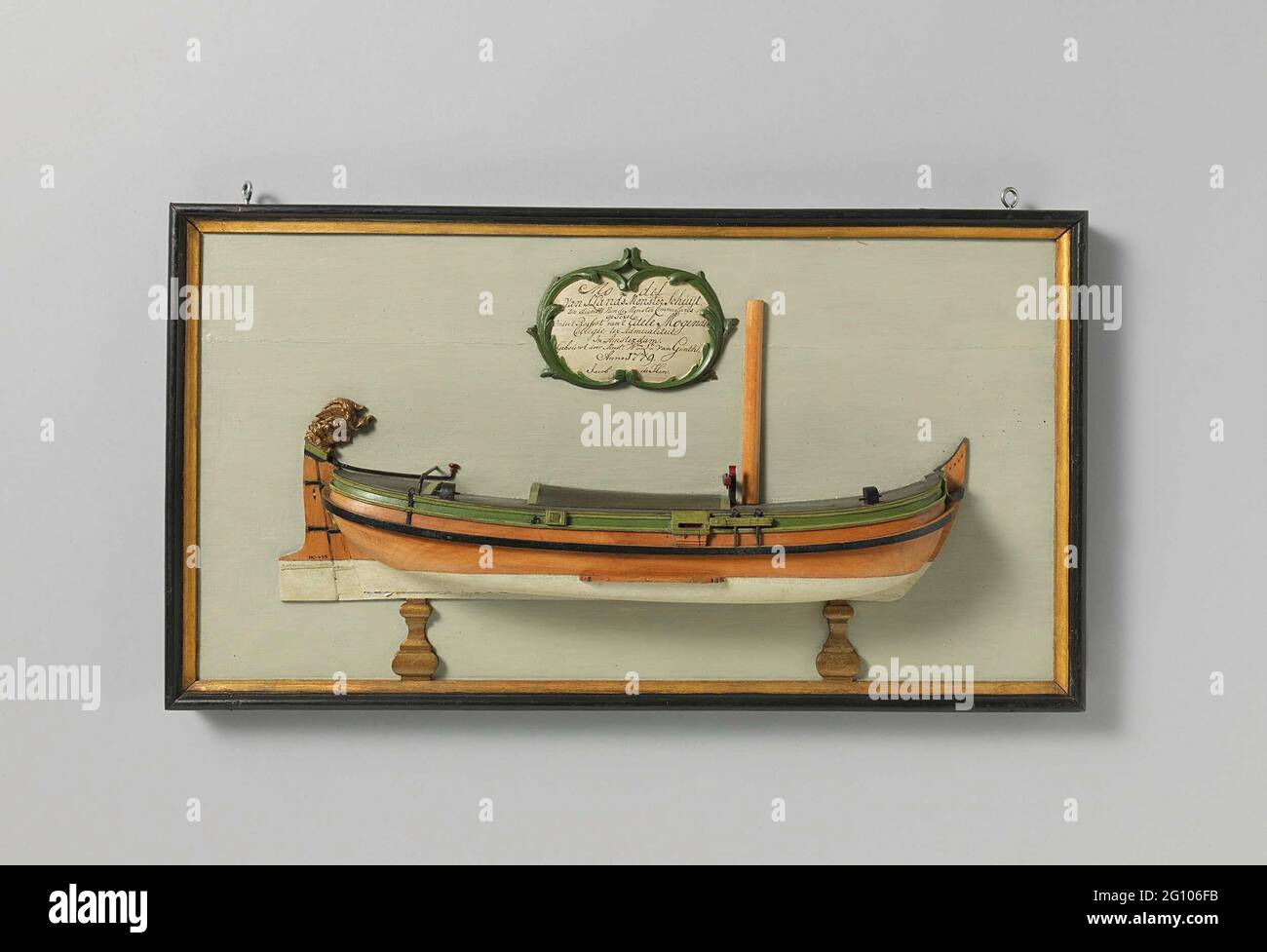 Half model of an Inspection Craft. Polychromed block model of a one-mast  flat bottom. The deck is closed and detailed with a decomposition, a  servant, a slightly exalted Campaniak and a landing.