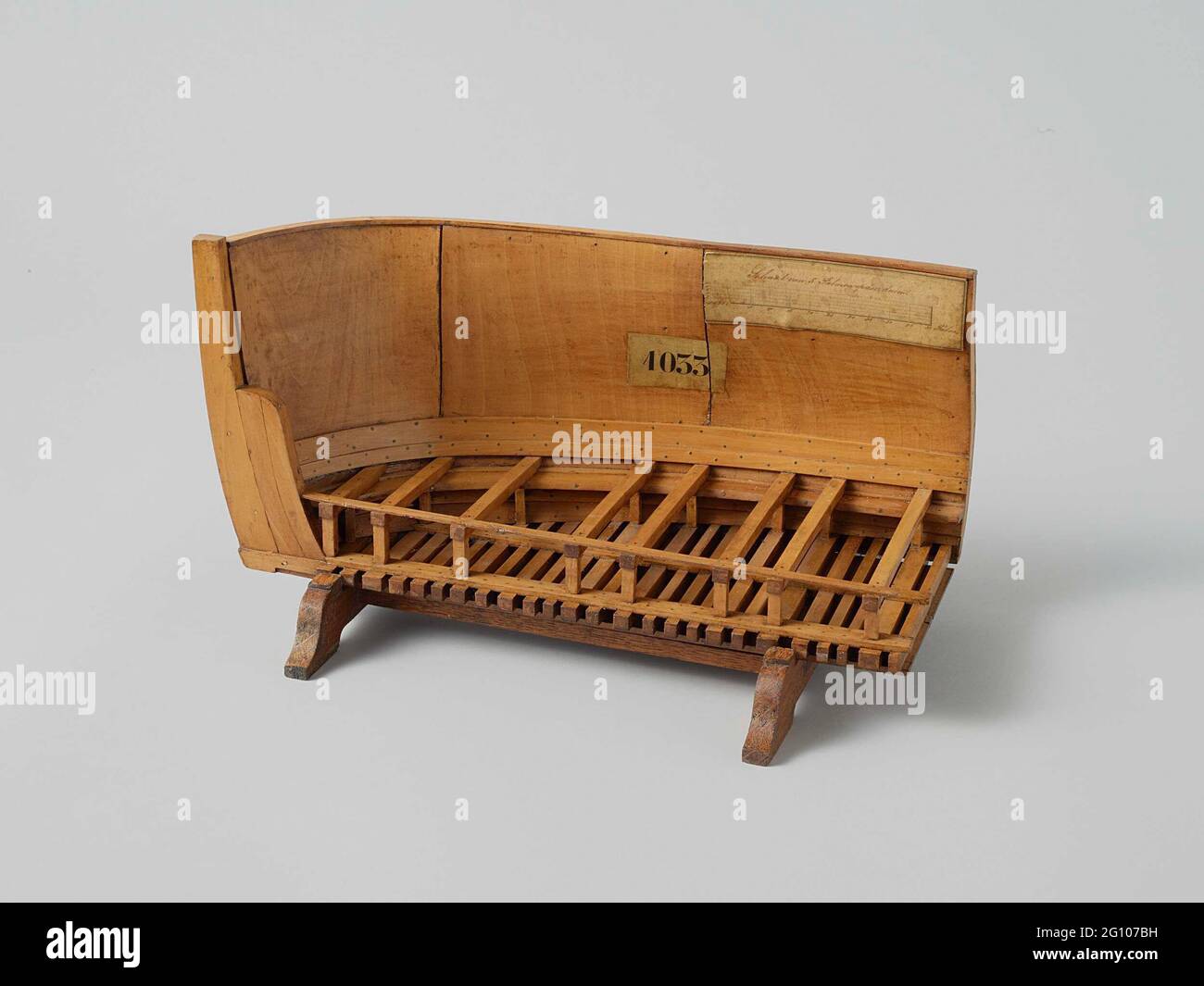 Model of the Fore Part of A 32-Gun Floating Battery. Cross section of the fore ship from a floating battery of the defense over the length of five ports, demanding the construction of the plane. Two parts of the bottom surface can be removed, so that the floor beams and the connections with the trusses becomes visible. Scale 1:50 (Scale by model). Stock Photo