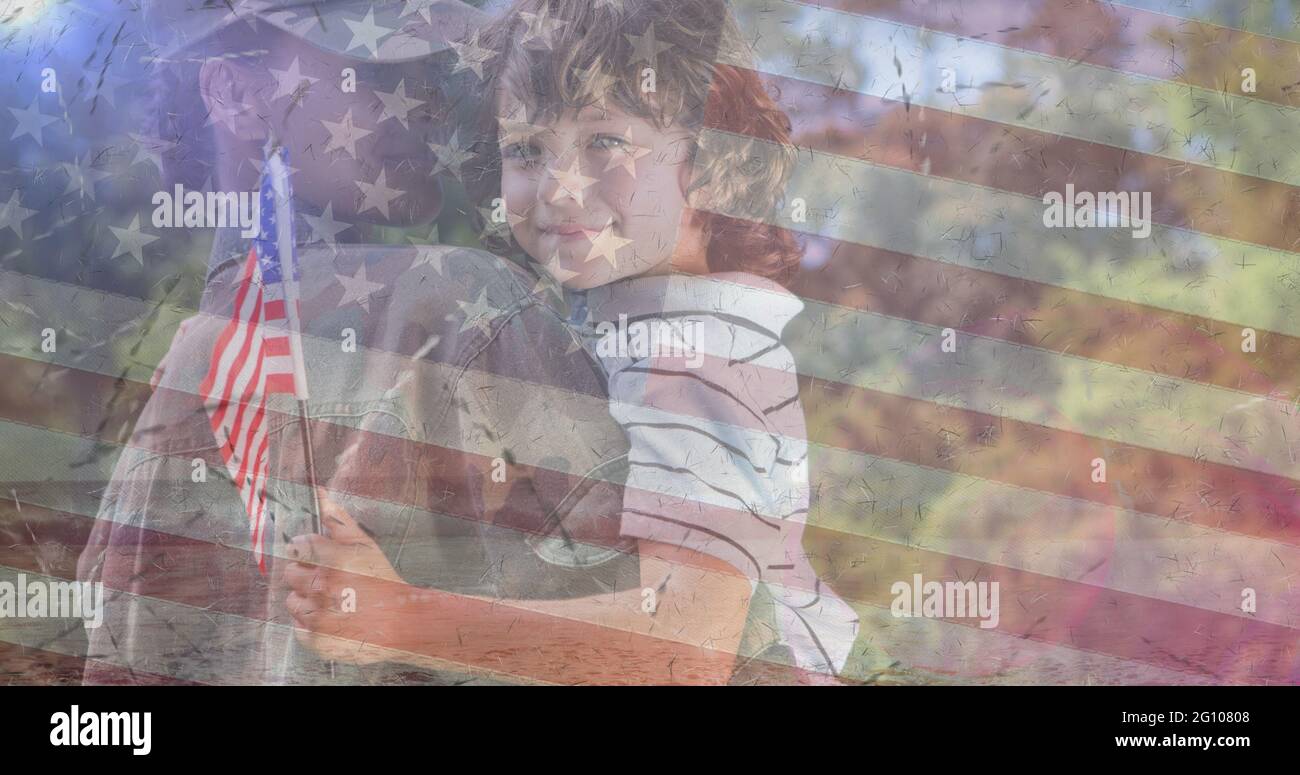 Composition of female soldier embracing smiling son over american flag Stock Photo
