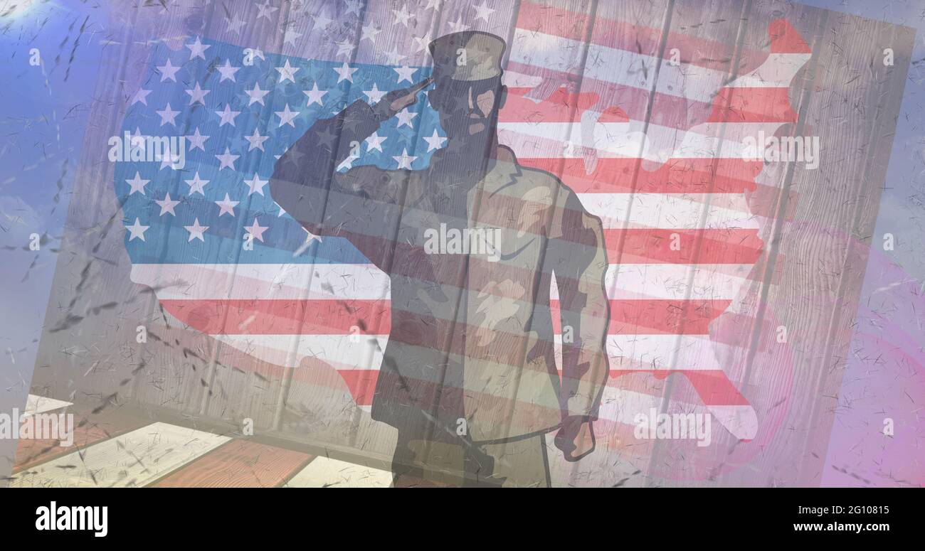 Composition of male soldier silhouette saluting over american flag ...