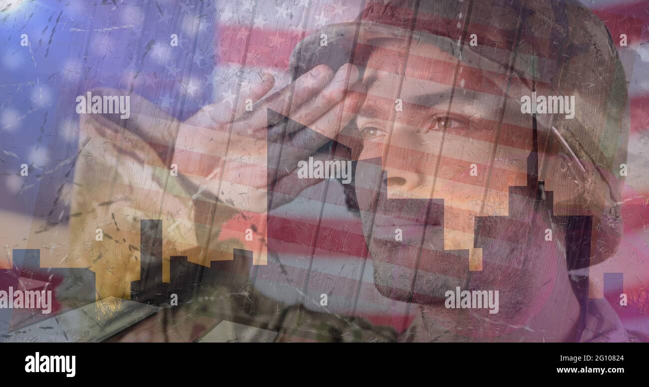 Composition of male soldier saluting over american flag Stock Photo - Alamy