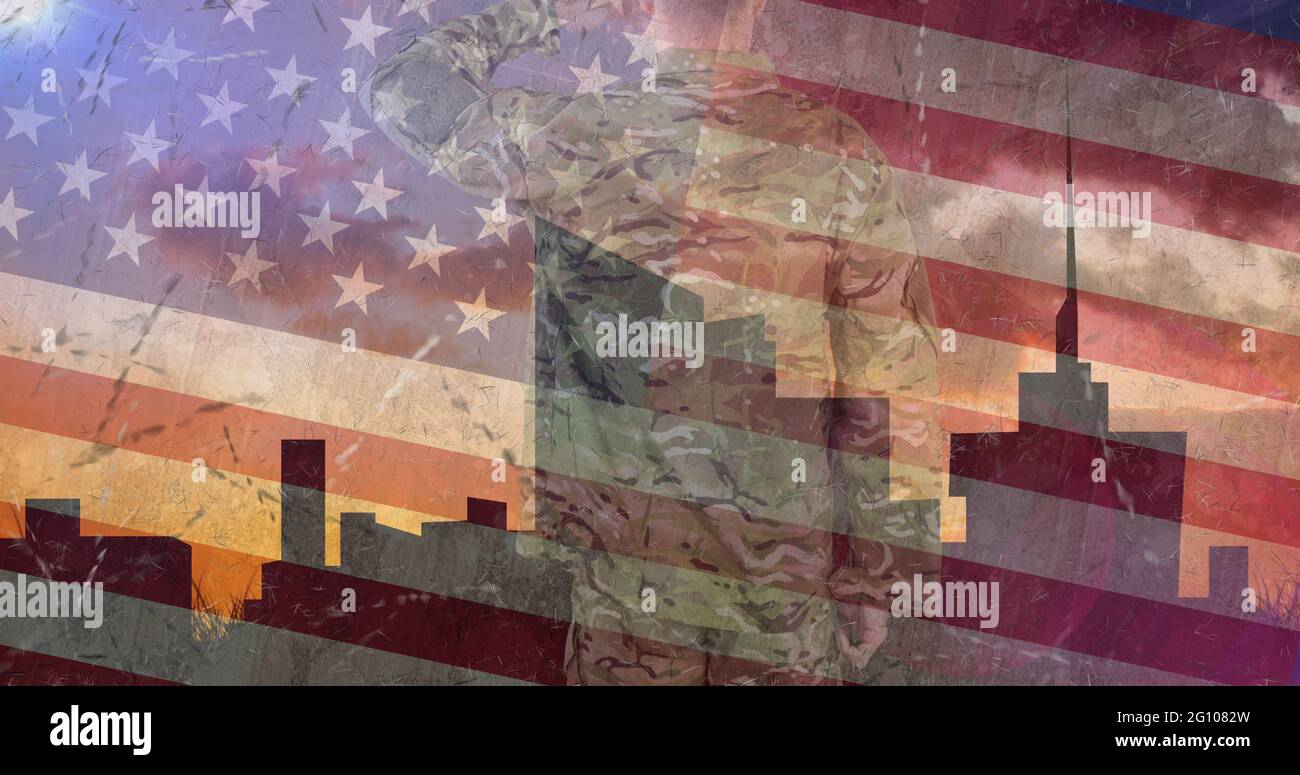 Composition of male soldier saluting over american flag Stock Photo - Alamy