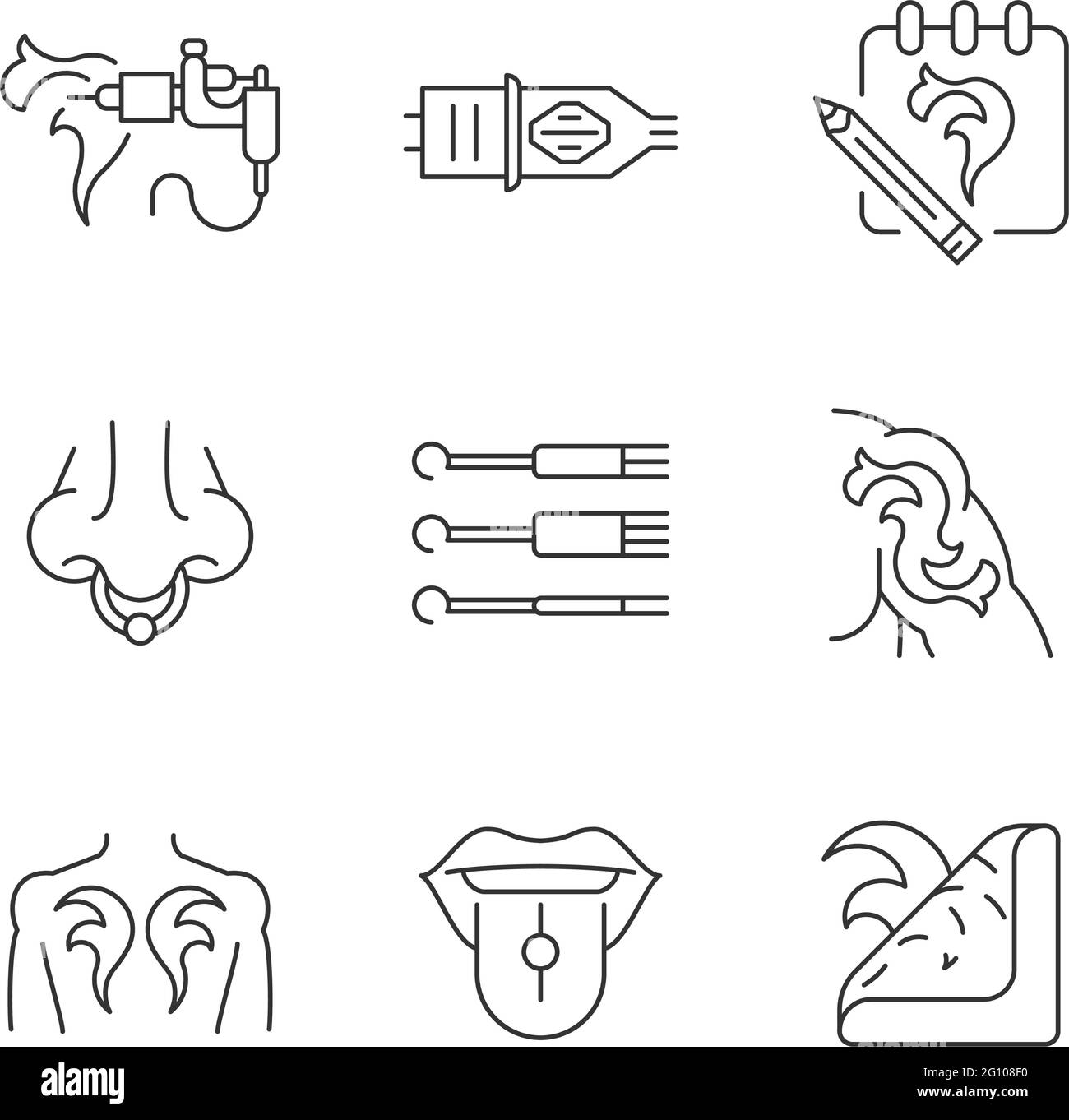 Tattoo and piercing instruments linear icons set Stock Vector