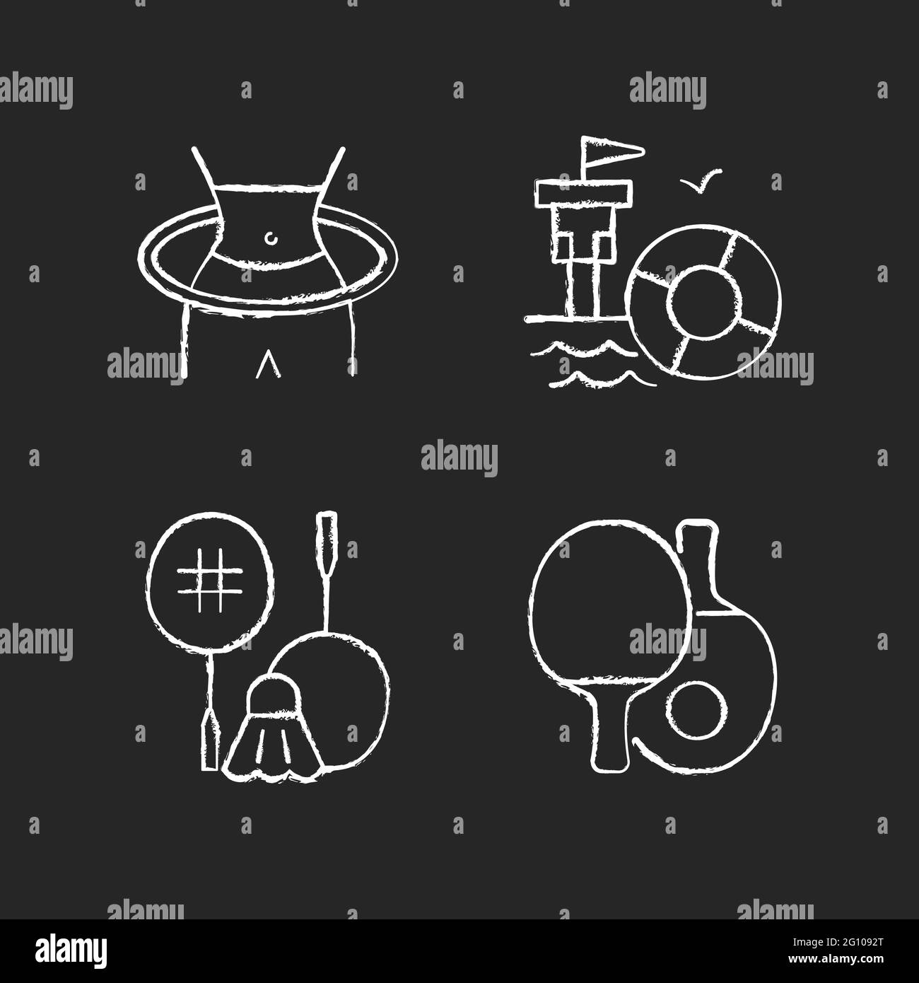 Summer camp activities chalk white icons set on dark background Stock ...