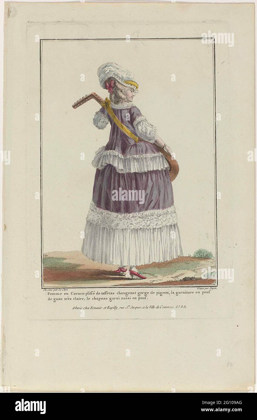 Gallery des Modes et Costumes Français, 1778, P 88: Femme and Caraco Plissé  (...). Woman with lute, seen on the back. She is wearing a caraco with  "mushrooms and sabot" on a