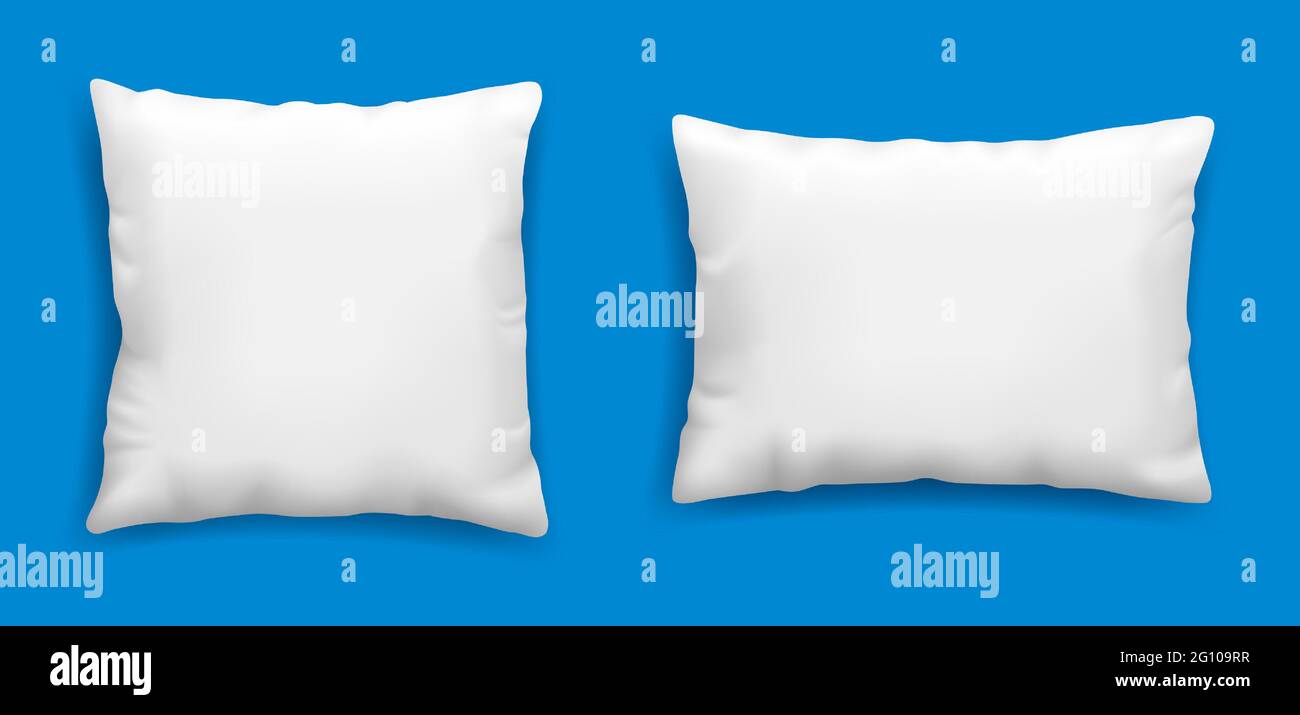 Clean white pillows mockup isolated on blue background, vector illustration in realistic style. Square cushion for relaxation and sleep template. Stock Vector