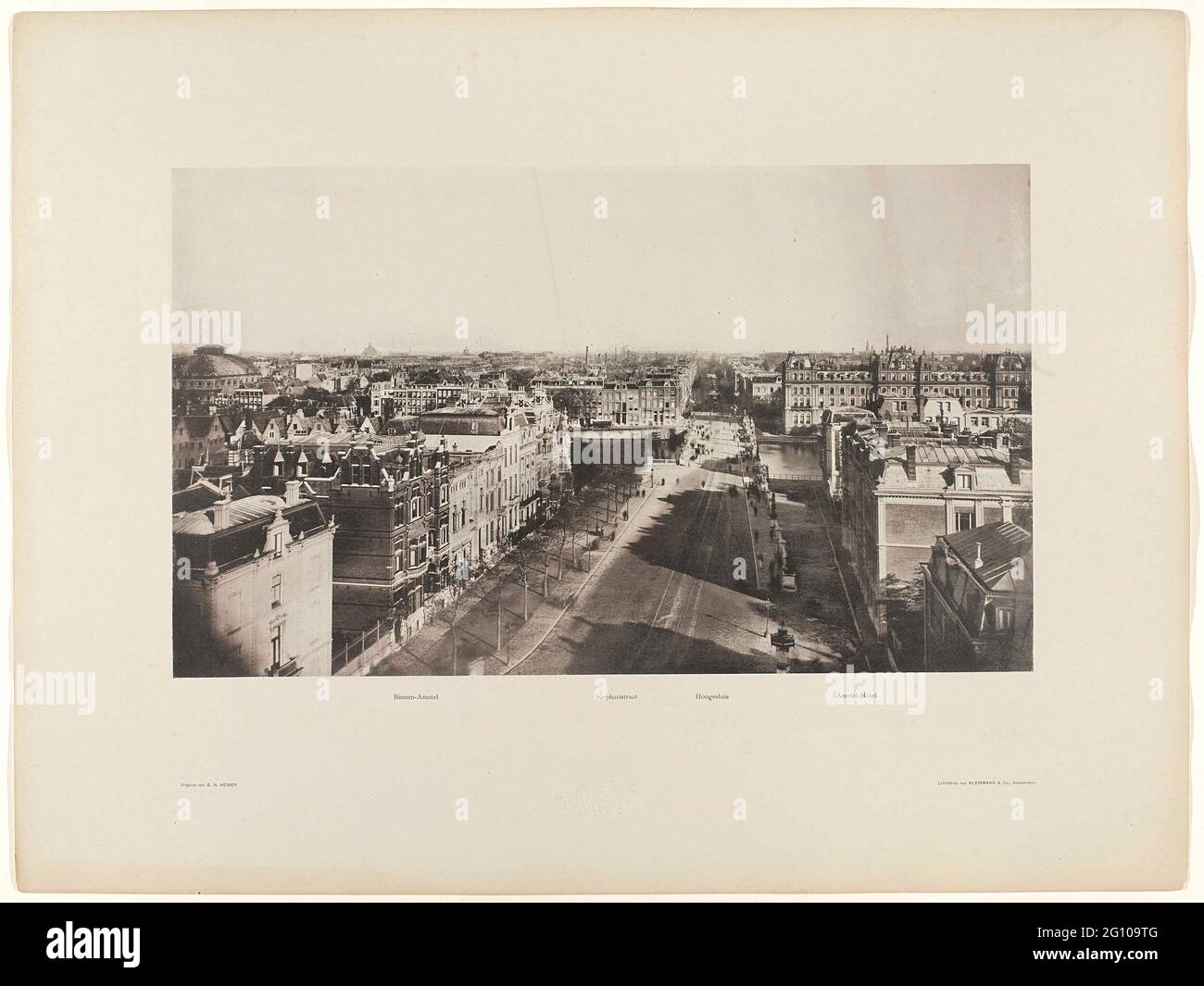 Sarphatistraat and Hoge Sluis, seen from the Paleis voor Volksvlijt; Frederiksplein and Weteringschans, seen from the Paleis voor Volksvlijt;Binnen-Amstel, seen in the direction of the Munt. At the dawn of the 20th century, Amsterdam’s rapidly changing face served as the setting for photographer and decorative painter Heinen. With camera at hand, he climbed tall buildings, such as the Paleis voor Volksvlijt (Palace for Art and Industry), which burned down in 1929, and the Rijksmuseum, to take his panoramas. Stock Photo