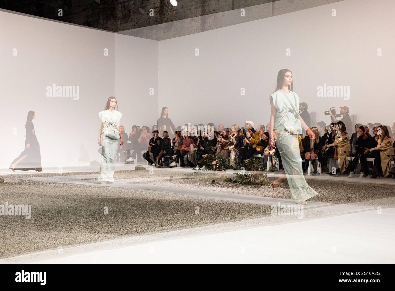 SYDNEY, AUSTRALIA - JUNE 04: Models on the Runway during the Christopher Esber show during Afterpay Australian Fashion Week 2021 Resort '22 Collections at Carriageworks on June 04, 2021 in Sydney, Australia. Stock Photo
