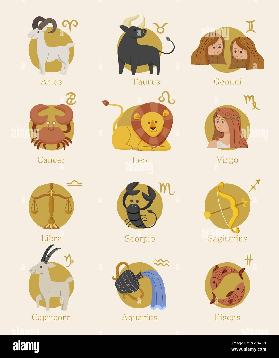 Hand drawn zodiac sign set Vector illustration. Stock Vector