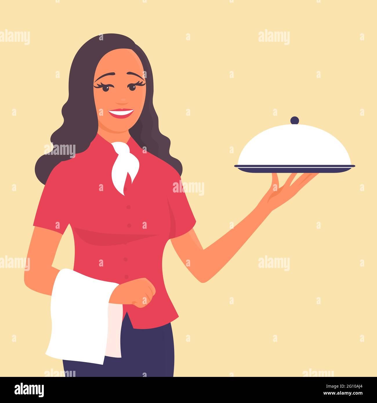 A beautiful girl waiter stands with a tray in his hand. There is a smile on my face. Vector cartoon character illustration Stock Vector