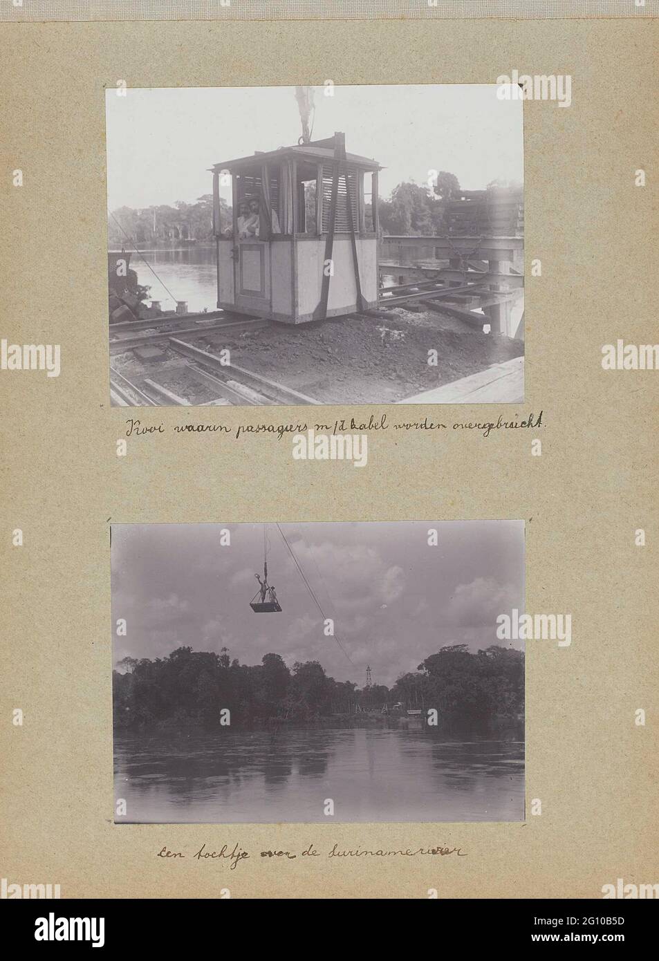 Cage in which passengers M / D are transferred / a trip over the surinamer river. Album leaf with two photos. Above: the cage in which passengers can be brought across the river with the cable bridge. Below: two men make the crossing with the cable bridge. Photos in the photo album about the construction of the Lawaspoor road in Suriname in the years 1903-1912. Part of a group of objects from the Wesenhagen family in Suriname. Stock Photo