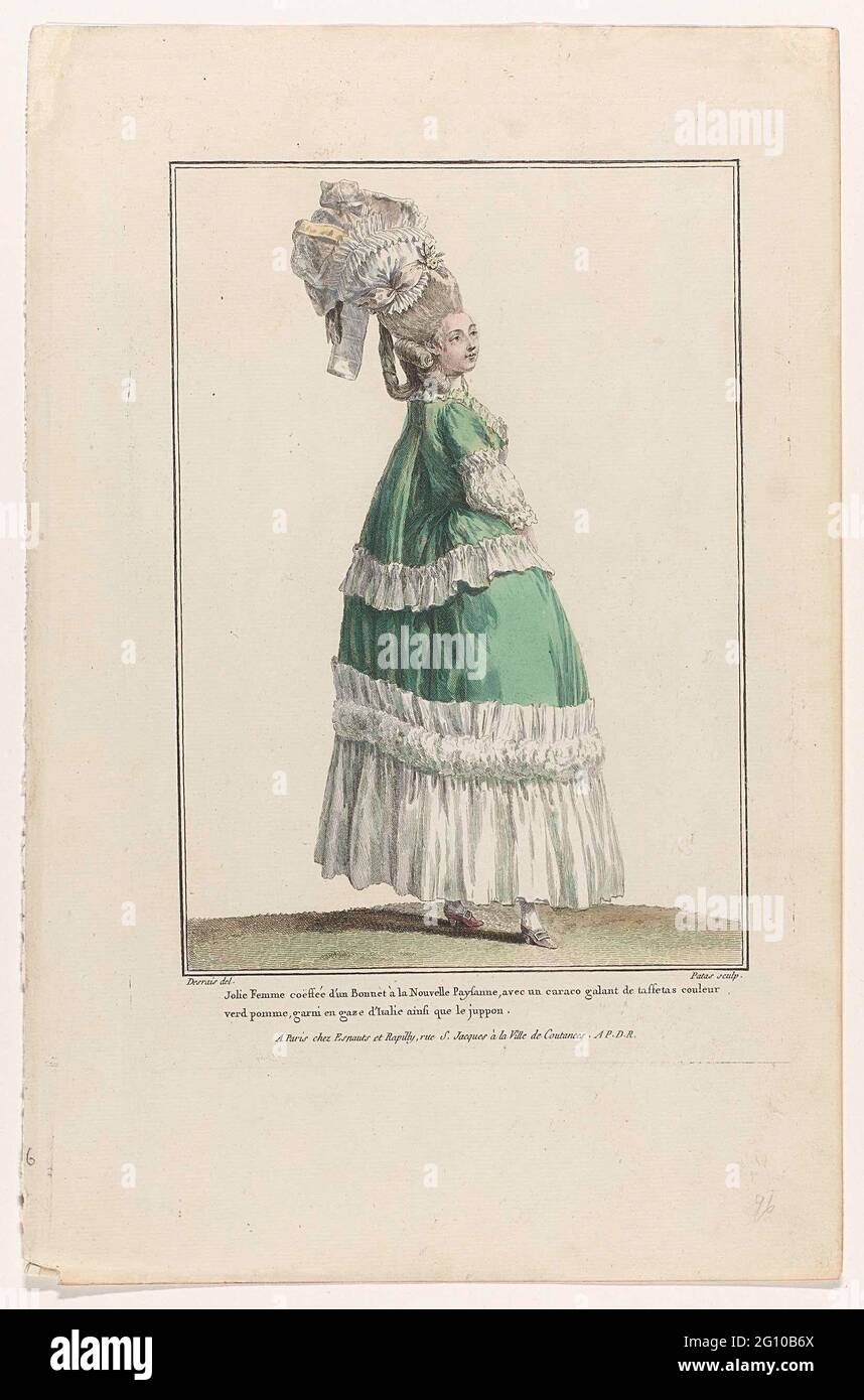 Gallery des Modes et Costumes Français, 1778, Q 96: Jolie Femme coeffée  d'Unbonnet (...). Woman in caraco with 'manches and sabot' on a skirt of  apple green taffeto decorated with a strip