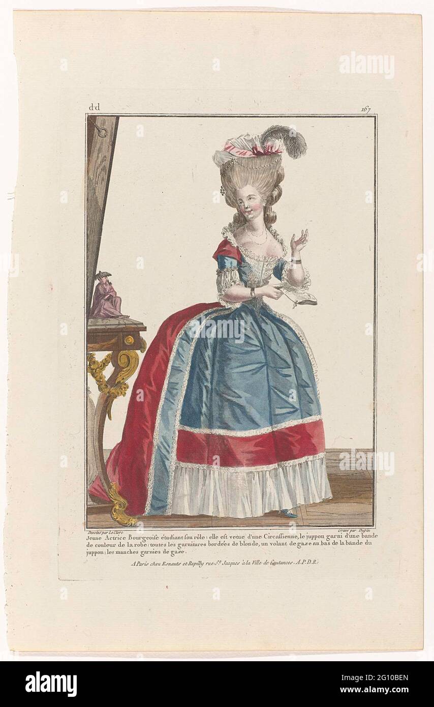 Gallery des Modes et Costumes Français, 1780, dated 167: Jeune Actress  Bourgeois (...). Young actress who, standing in front of the mirror,  embarking her role. She is dressed in a "Circassienne", whose