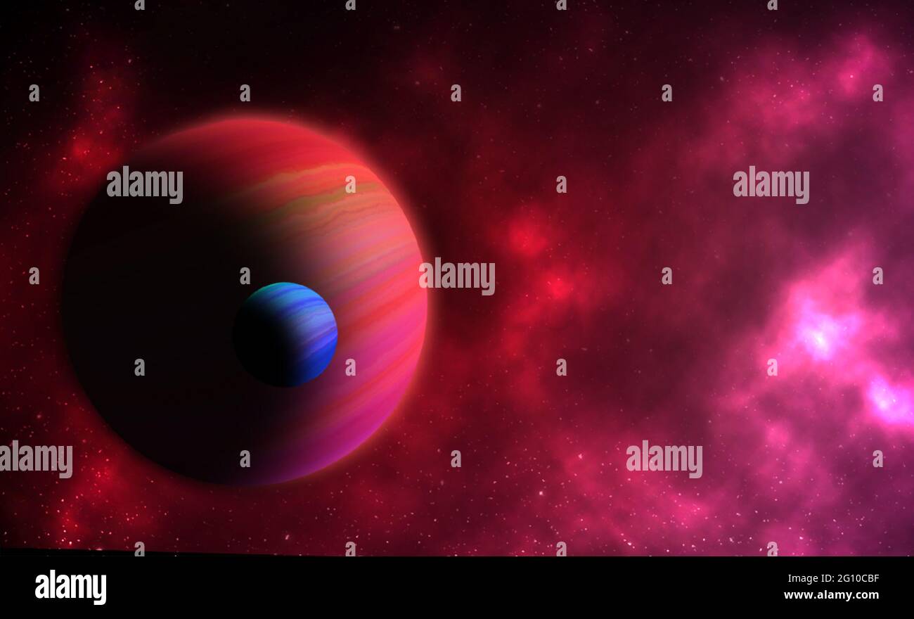 red clouds and nebulas with giant Jupiter-like planets in space, space background, 3d illustration Stock Photo