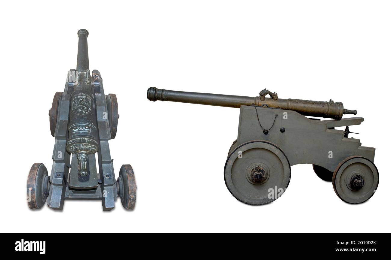 Spanish 16th Century bronze cannon on carriage. Made by Remigy de Halut, kings Gunfounder Royal at Malines in 1559. Profile and overhead view Stock Photo