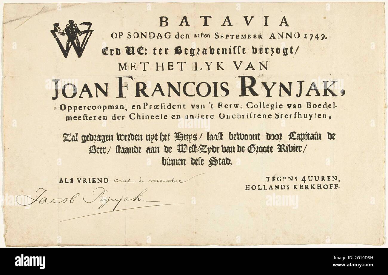 Invitation to the funeral of Joan Francois Rijnjak on September 21
