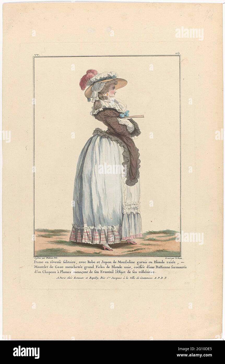 Gallery des Modes et Costumes Francais, 1784, vv 257: Lady and reefice  Solitaire ... standing woman in a Japon and underskirt from muslin,  garnished with striped blonde (dump edge). Mantelet (small shoulder