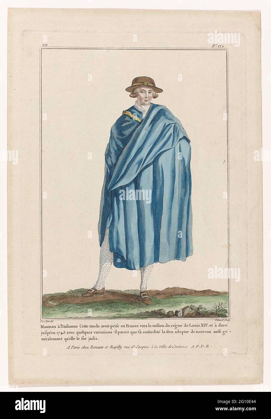 Gallery des Modes et Costumes Français, 1780, EE 171 (bis): Manteau à  l'Italienn (...). Standing man dressed in a "Manteau" à l'Italienne '. Hat  with hat band and buckle, knotted neckerchief, stockings