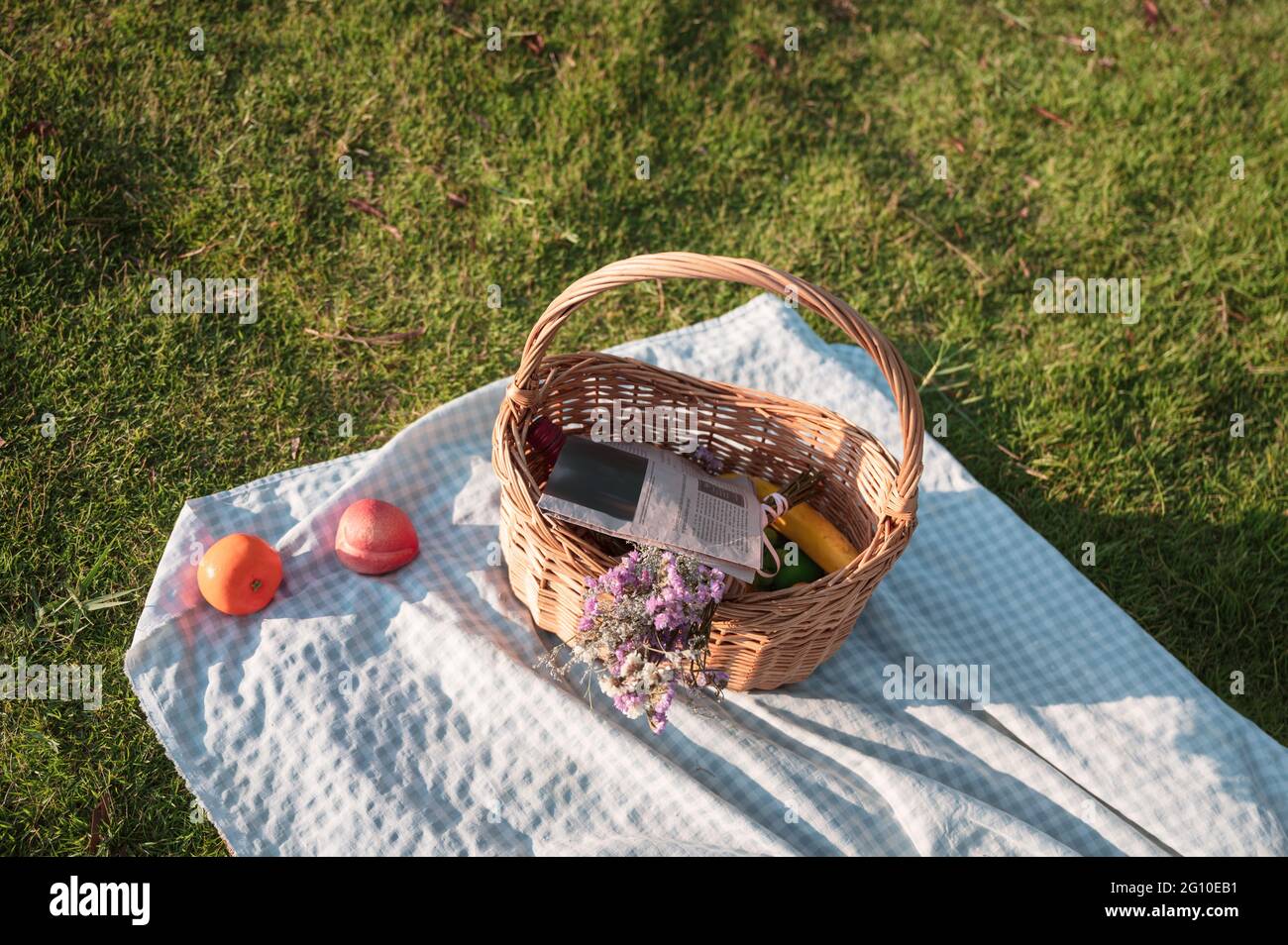 Picnic wicker basket with fruits, newspaper,wine and cloth on grass ...