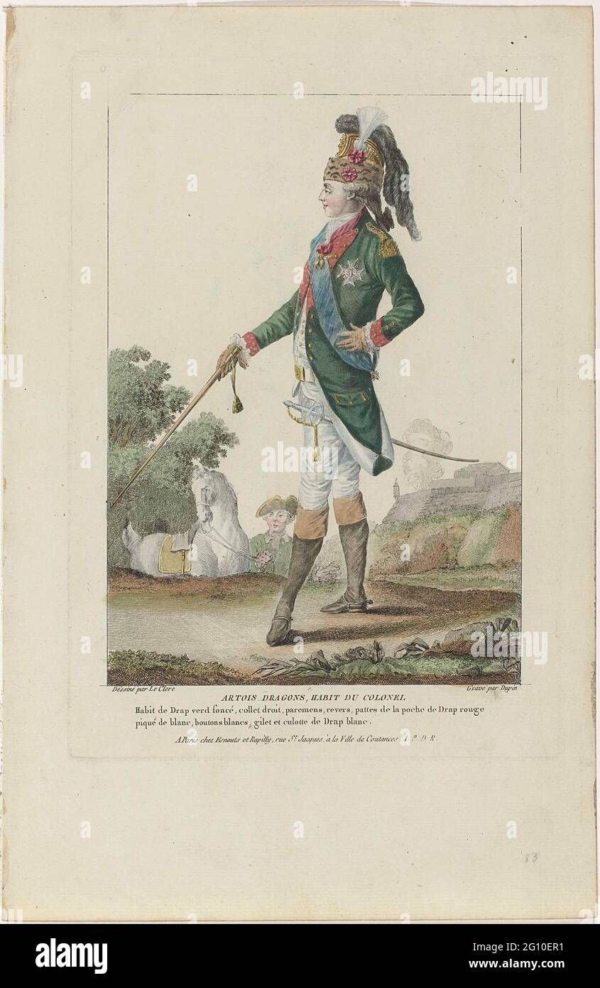 Gallery des Modes et Costumes Français, 1778, O 83: Artois Dragons, Habit du Colonel (...). Colonel from the French cavalry dressed in a uniform, consisting of a jacket, a cardigan and a knee pants from Laeken. Frak with red lapel and cuffs and golden epaulettes on the shoulders. Neckerchief, sash and gloves. On the head a helmet with bontrand, a comb of ostriching, a plume and two rosettes. The tail in a hair bag. On the left a saber with a tarragon (ribbon) and saber brush. Walking stick with golden bud and a ribbon with brush. Two-tone riding boots with traces. Print from Series O. 14th Cah Stock Photo