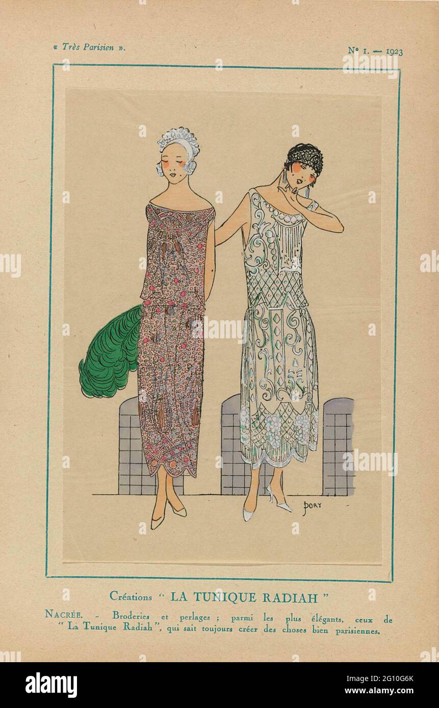 Très Parisien, 1923, No 1: Creations 'La Tunique Radiah'. Two evening shaves from 'La Tunique Radiah', topped with embroidery and pearls. Print from the fashion magazine Très Parisien (1920-1936). Stock Photo