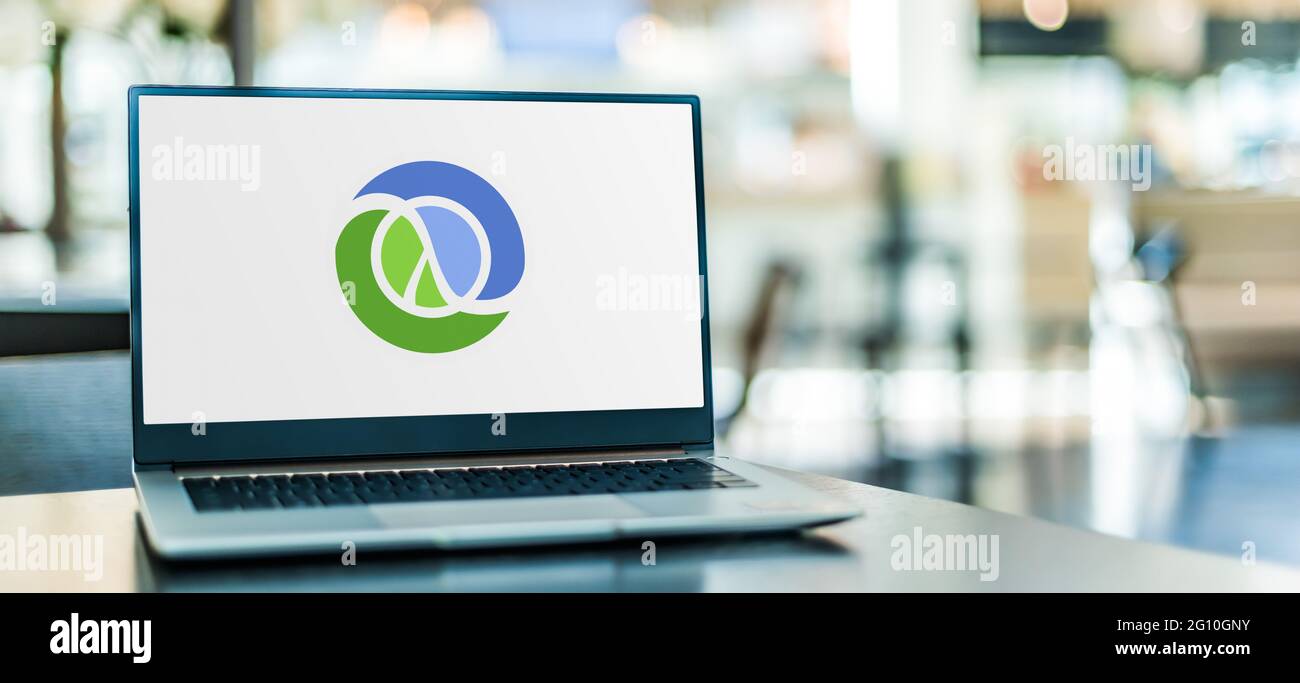 POZNAN, POL - MAY 1, 2021: Laptop computer displaying logo of Clojure, a dynamic and functional dialect of the Lisp programming language on the Java p Stock Photo