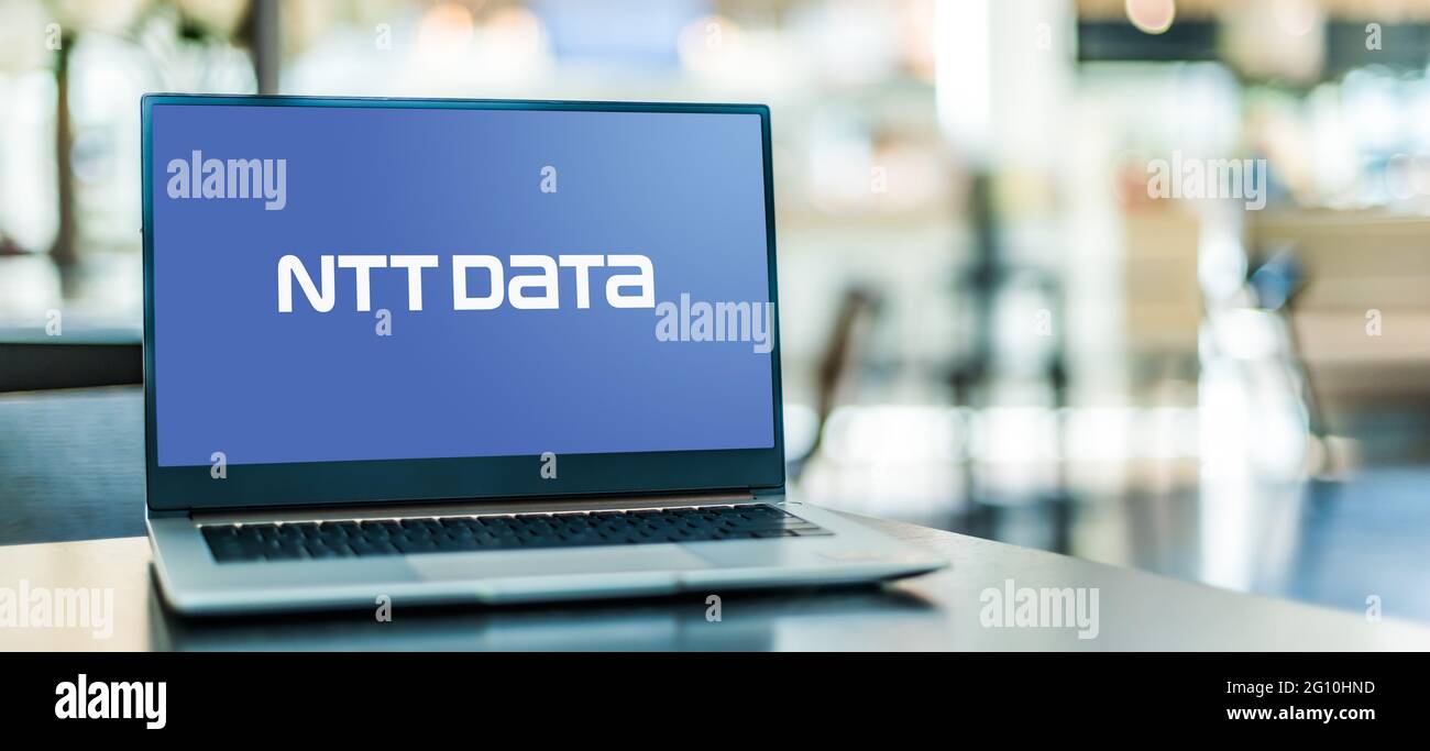 POZNAN, POL - MAY 1, 2021: Laptop computer displaying logo of NTT DATA Corp., a Japanese multinational system integration company and a partially-owne Stock Photo