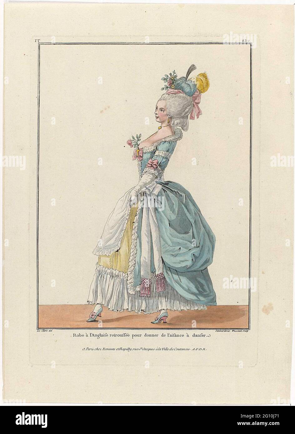 Gallerie des Modes et Costumes Français, 1782, 34e Cahier (bis), 31st  Suite, RR.237: Robe à l'Anglais (...) .. 'Robe à l'Anglaise' with 'Manches  and Sabot', deposited with a bow. Decorative apron. To
