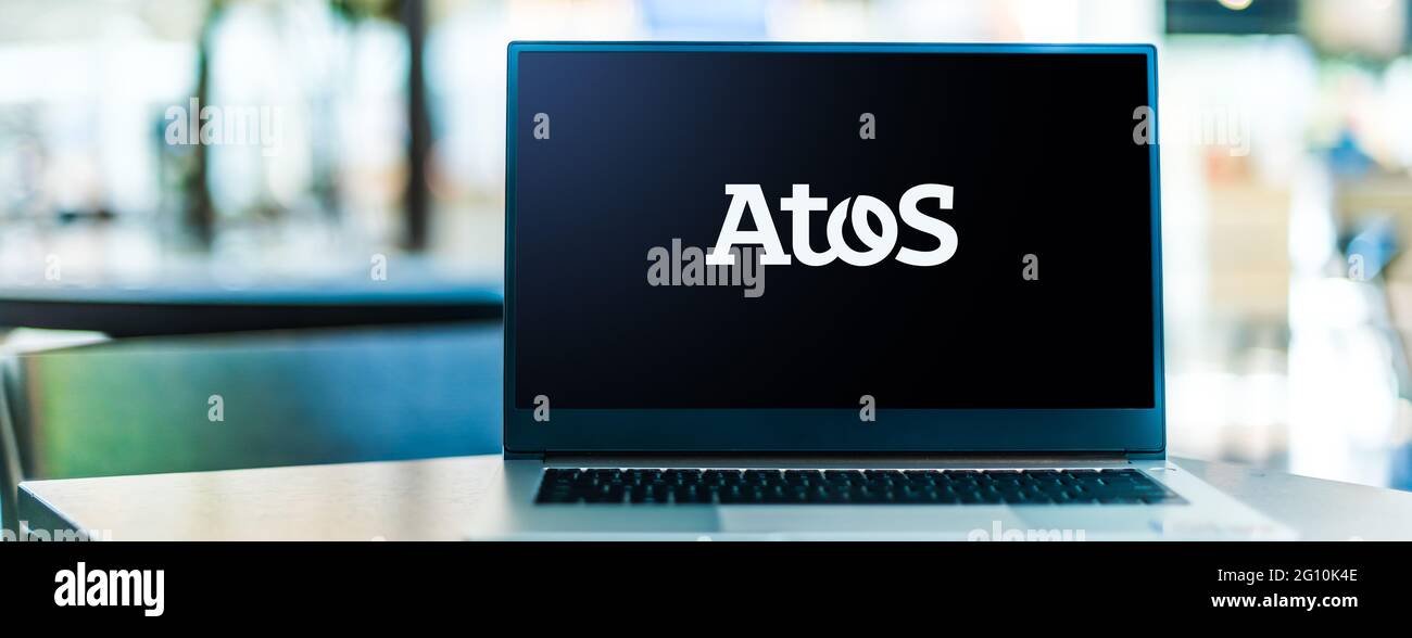 POZNAN, POL - MAY 1, 2021: Laptop computer displaying logo of Atos, a ...