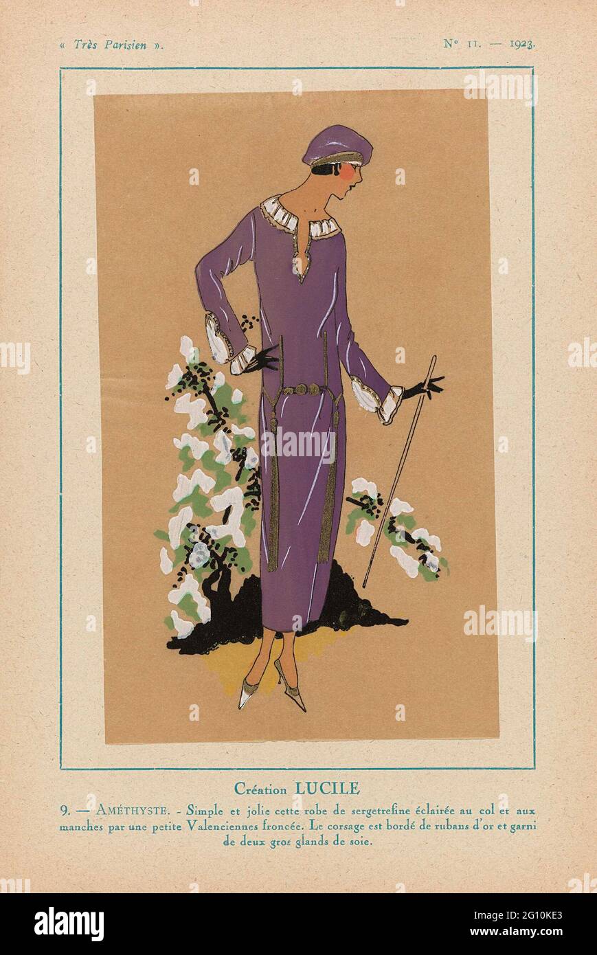 Très Parisien, 1923, no 11: 9. - Améthyste. - Simple et Jolie Cette Robe  .... Lucile design. Dress of 'Sergetfine', collar and sleeves of free  Valenciennes (side). The bodice is trimmed with