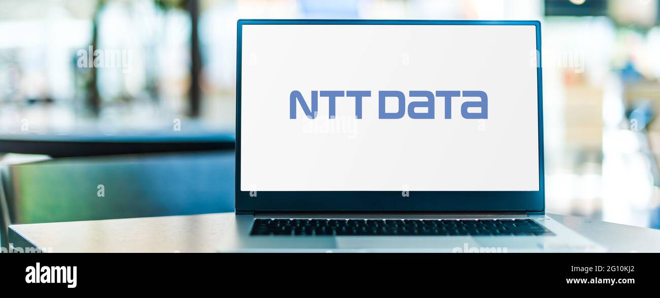 POZNAN, POL - MAY 1, 2021: Laptop computer displaying logo of NTT DATA Corp., a Japanese multinational system integration company and a partially-owne Stock Photo
