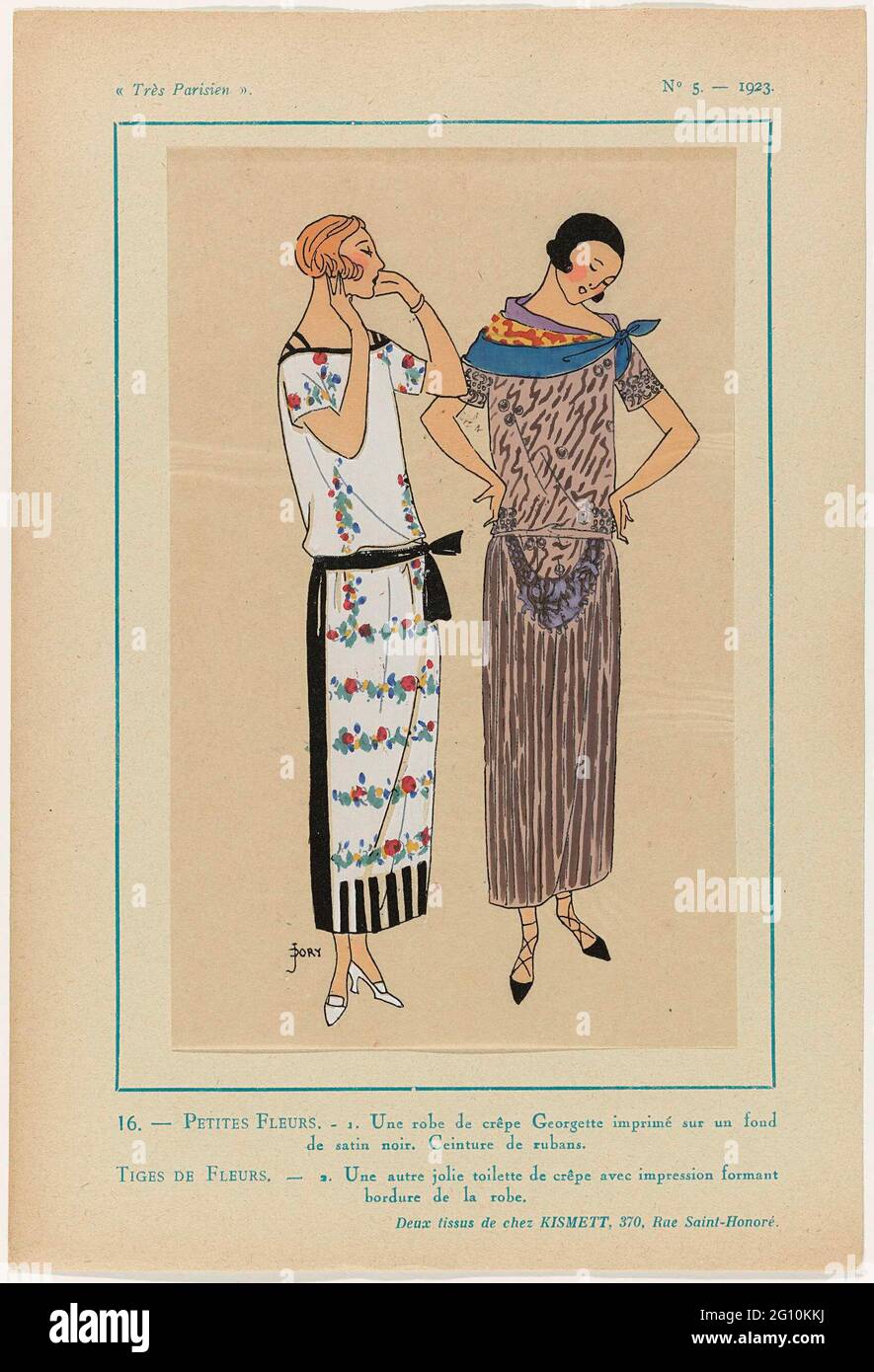 Très Parisien, 1923, No 5: 16. Petites Fleurs. - Une Robe de Crepe Georgette  .... 1. A dress of printed crepe Georgette on a surface of black satin.  Belt of ribbons. 2.