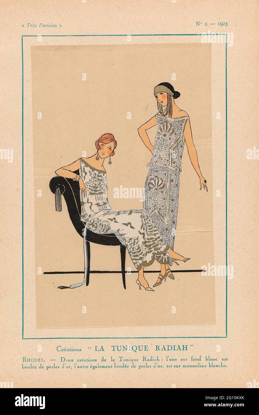 Très Parisien, 1923, No. 2: Créations 'La Tunique Radiah' .... Two designs from La Tunique Radiah: one on a white surface and embroidered with golden beads, the other idem embroidered with golden beads on a white muslin. Accessories: headband, earrings, pumps and / or shoes with straps. Print from the fashion magazine Très Parisien (1920-1936). Stock Photo