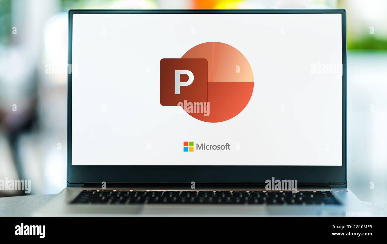 POZNAN, POL - MAY 1, 2021: Laptop computer displaying logo of Microsoft PowerPoint, a presentation program, part of the Office family software and ser Stock Photo