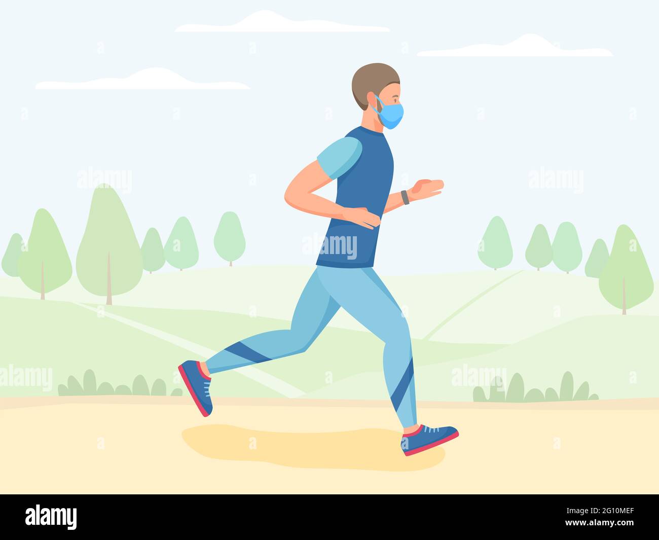 Men in mask running outdoor, jogging and training in park, physical activity outdoors, flat vector illustration Stock Vector